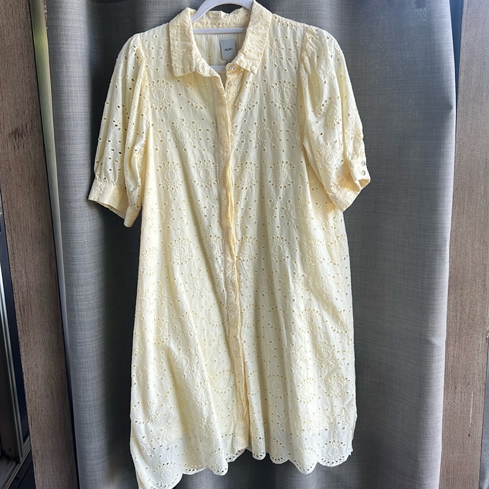 ICHI yellow eyelet shirt dress size small NWT